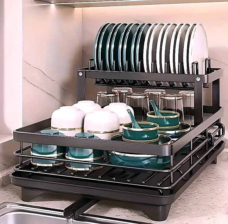 AEHOME Double-Tier Extendable Dish Drainer for Kitchen — close-up details