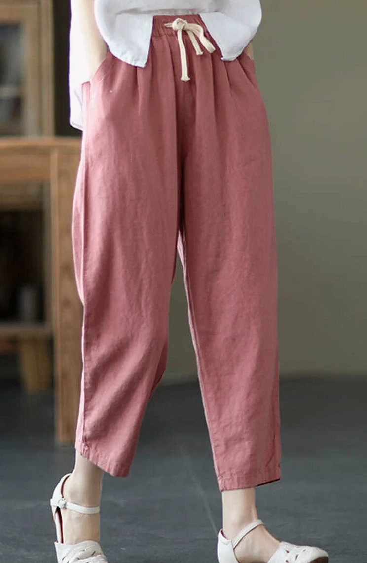 XPQBB Women's Cotton Linen Harem Pants High Waist — close-up details