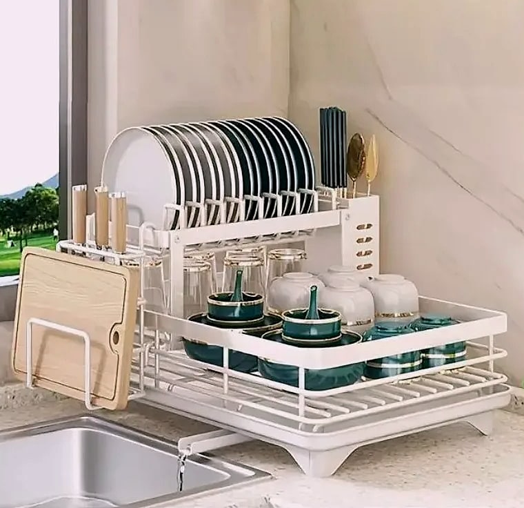 AEHOME Double-Tier Extendable Dish Drainer for Kitchen — package contents