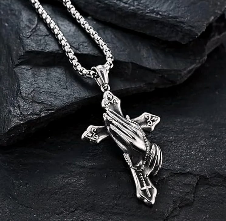 Stainless Steel Prayer Hands Cross Pendant Necklace — package contents