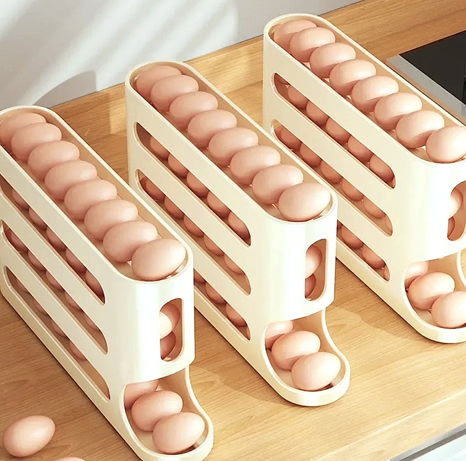 AEHOME 4-Layer Automatic Rolling Egg Holder Fridge Organizer — close-up details