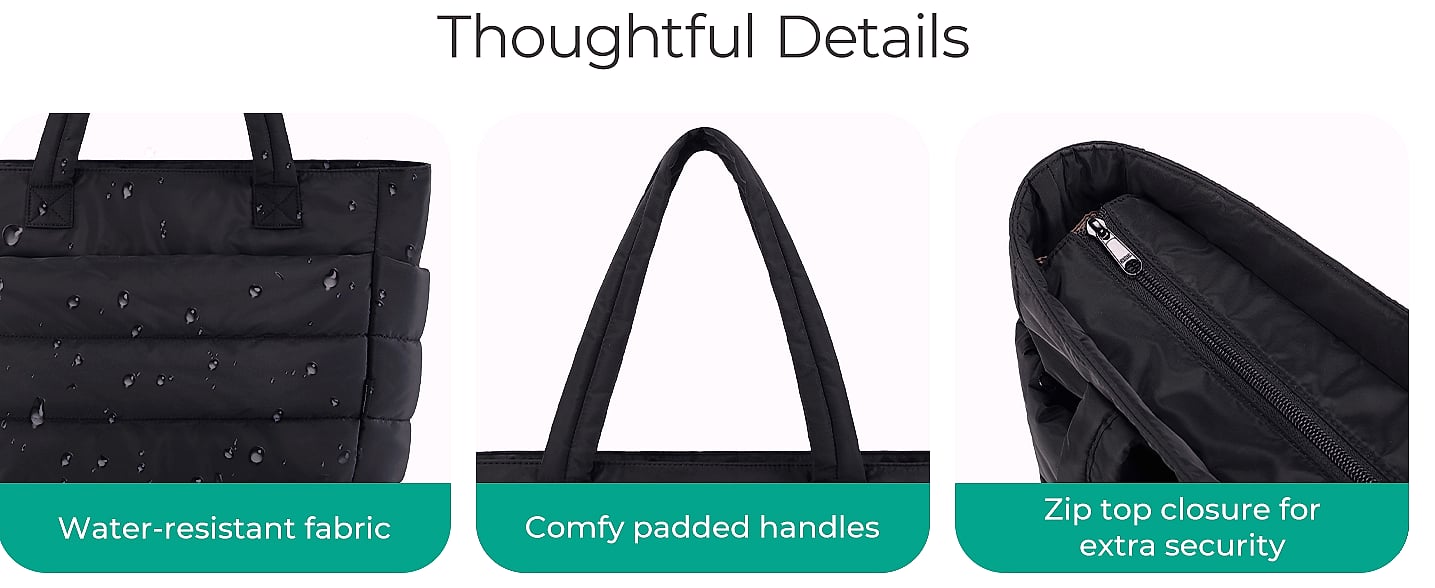 BAGSMART Tote Bag for Women, Lightweight Quilted Shoulder — close-up details