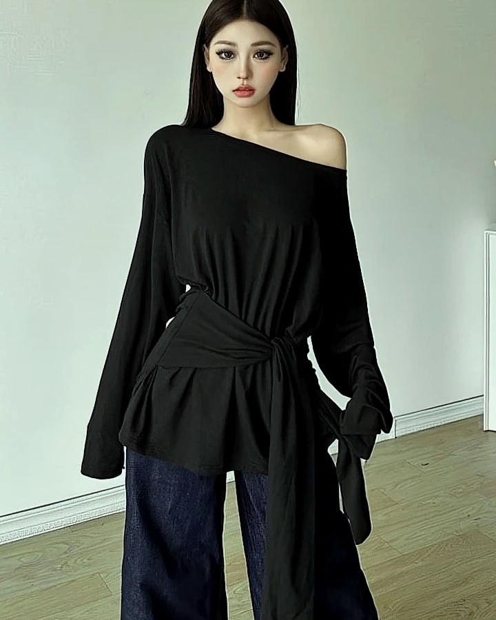 ZOYLEIR Women's Off-Shoulder Long Sleeve T-Shirt — parts overview