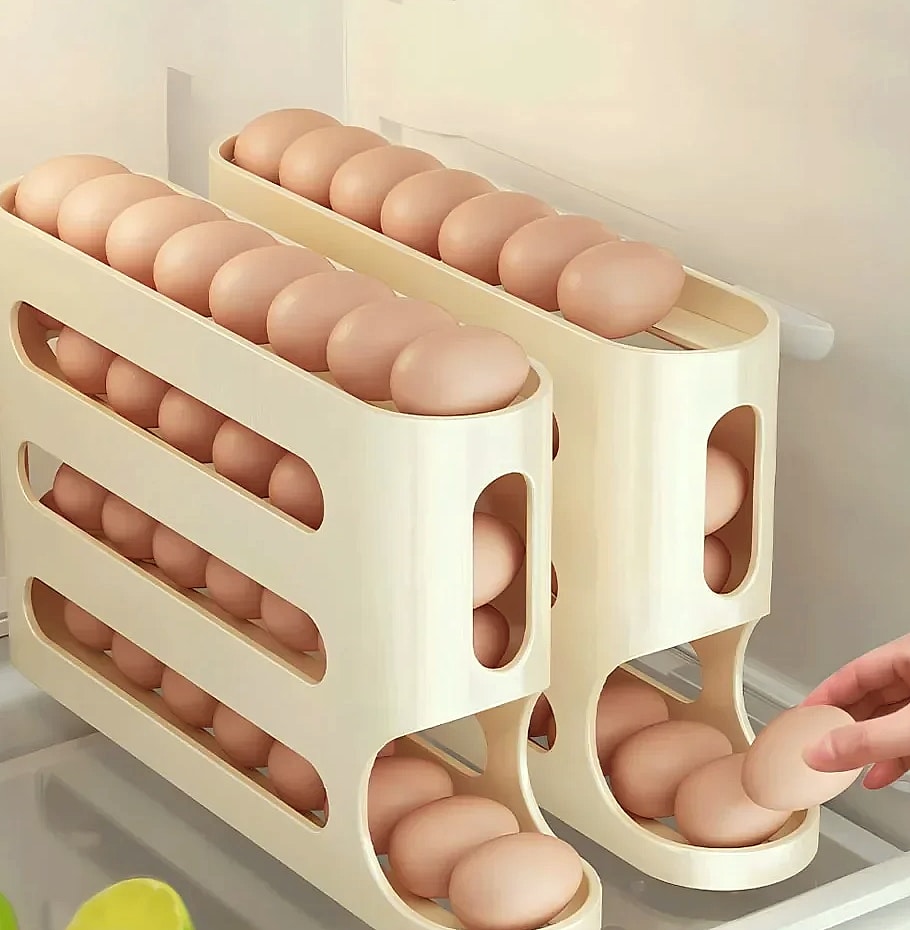 AEHOME 4-Layer Automatic Rolling Egg Holder Fridge Organizer — package contents