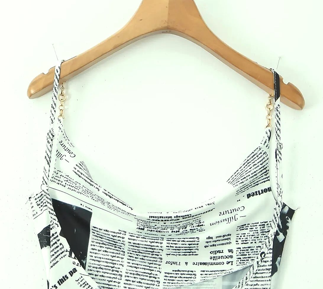 Yenkye Newspaper Print Sling Dress with Backless Chain — size comparison