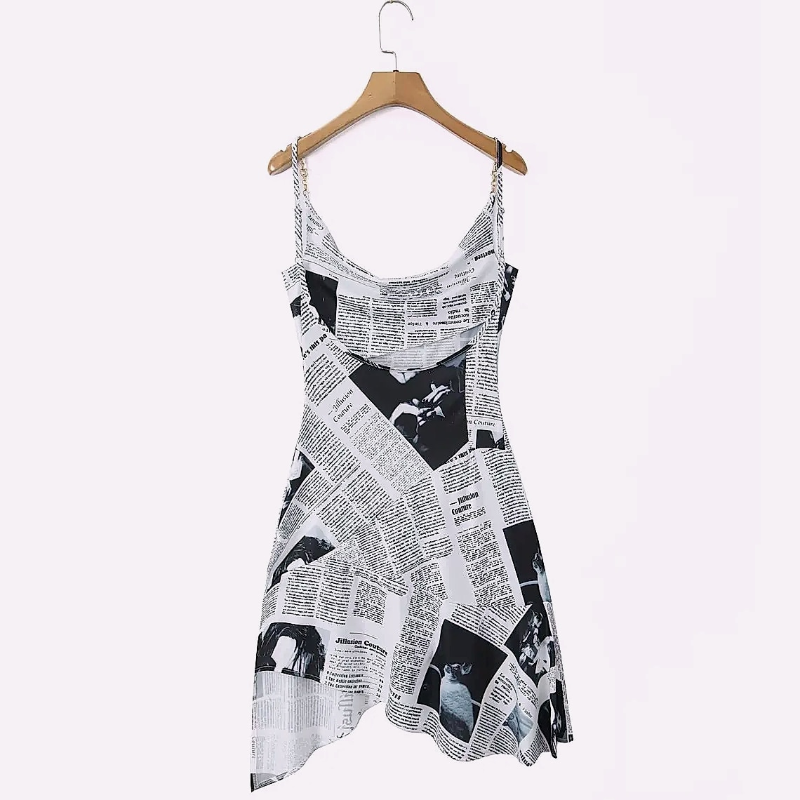 Yenkye Newspaper Print Sling Dress with Backless Chain — interior detail