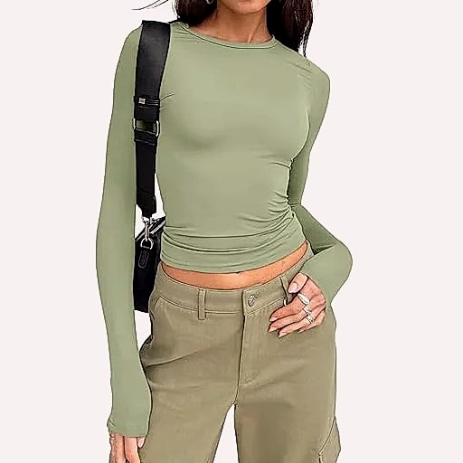 Women's Long Sleeve Crew Neck T-Shirt Slim Fit Solid Tee — close-up details