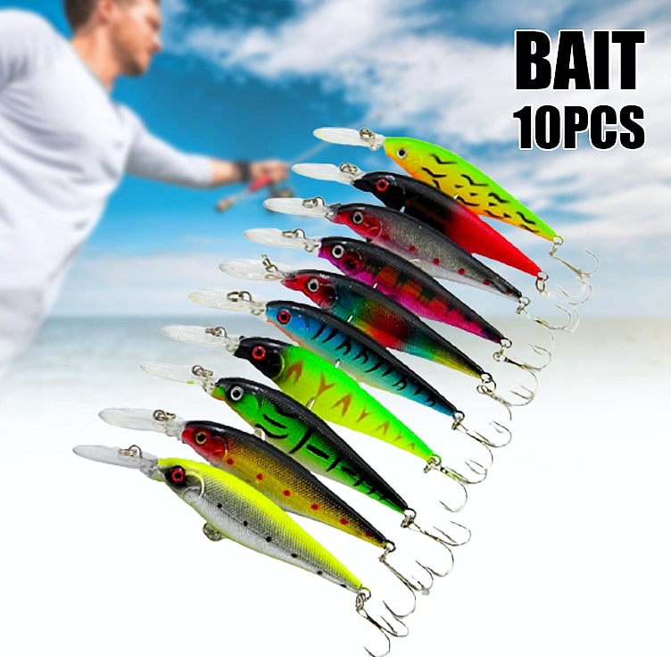 10 Piece Fishing Lure Set with Bell, 11cm Wobbler Baits — package contents