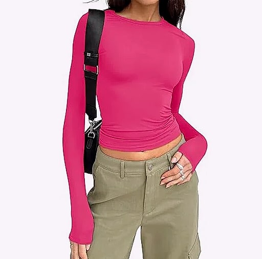 Women's Long Sleeve Crew Neck T-Shirt Slim Fit Solid Tee — assembled view