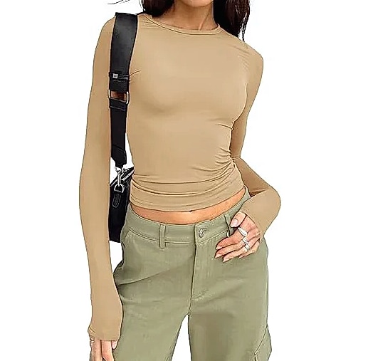 Women's Long Sleeve Crew Neck T-Shirt Slim Fit Solid Tee — interior detail