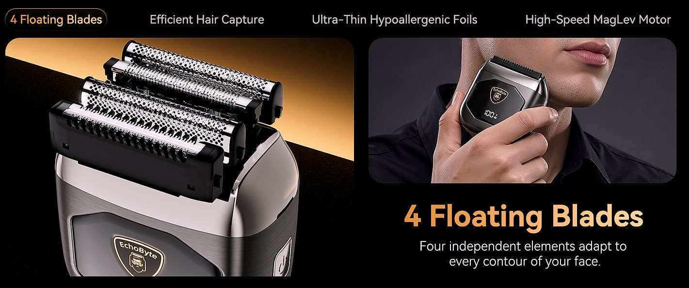 EchoByte 4-Blade Foil Shaver for Men, IPX7 Waterproof — package contents