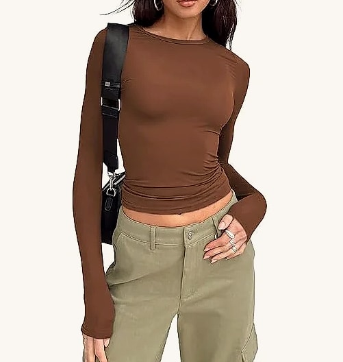 Women's Long Sleeve Crew Neck T-Shirt Slim Fit Solid Tee — assembled view