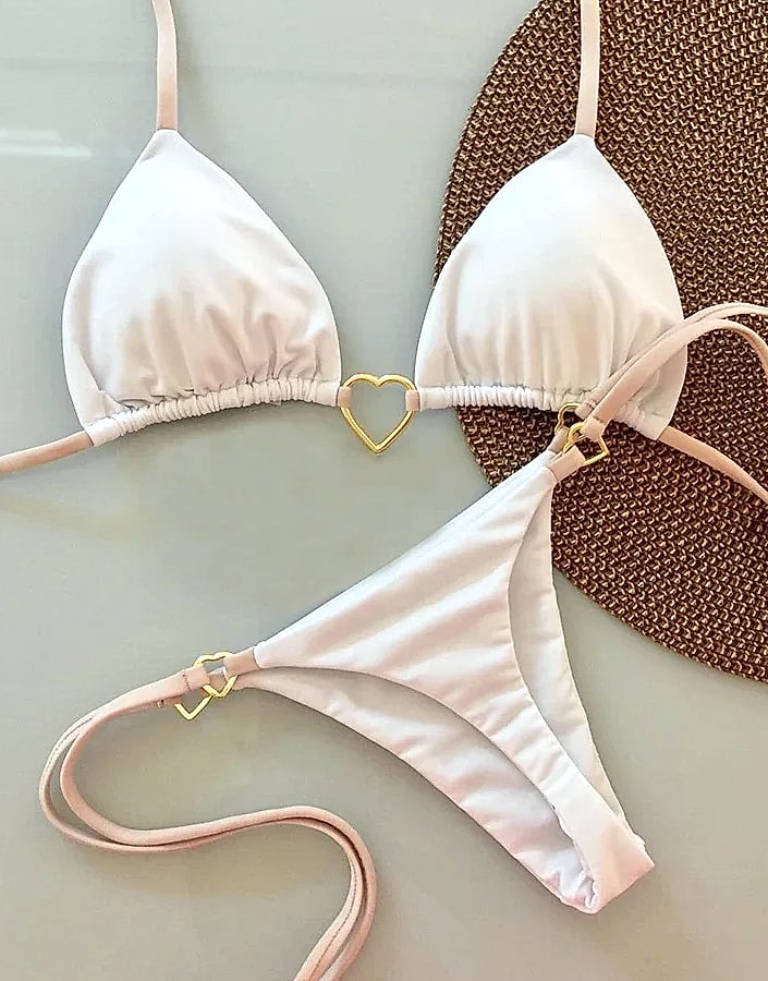 Women's White Solid Color Bikini Two-Piece Swimsuit — close-up details