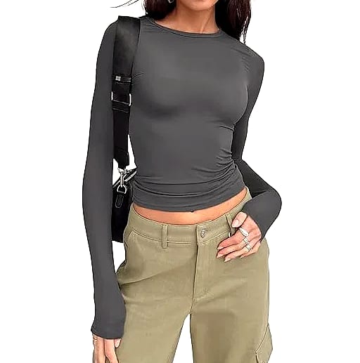 Women's Long Sleeve Crew Neck T-Shirt Slim Fit Solid Tee — side view