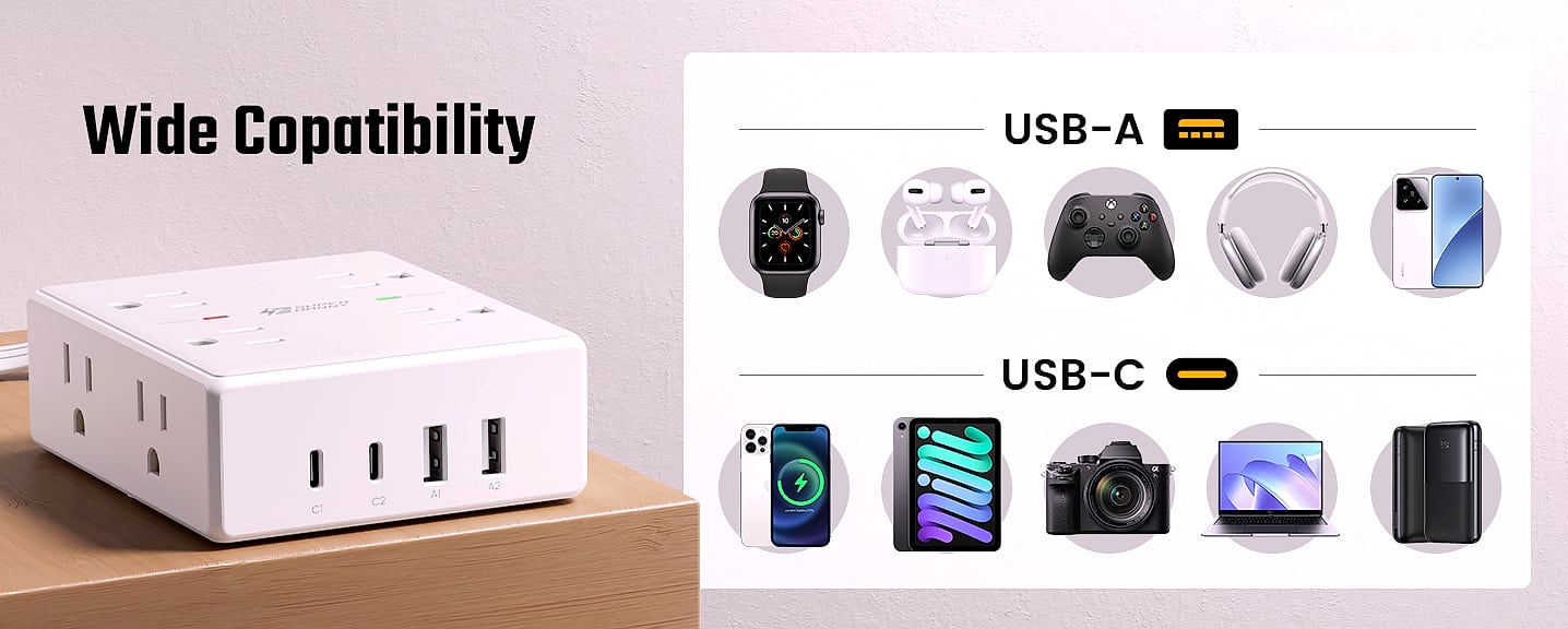 SUPERDANNY 10ft Extension Cord Power Strip, 8 Outlets 4 USB — close-up details