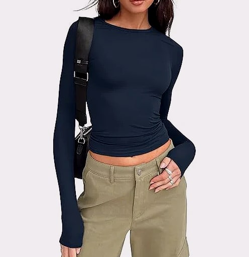 Women's Long Sleeve Crew Neck T-Shirt Slim Fit Solid Tee — package contents