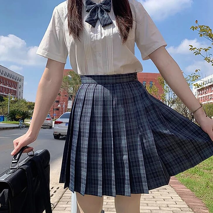 ZOKI Plaid Pleated Mini Skirt High Waist Bow Knot — scale reference