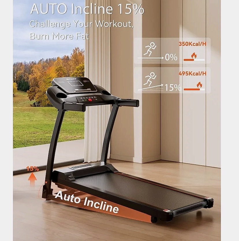 3.0HP Folding Treadmill with Auto Incline 0-15% Home Running — assembled view
