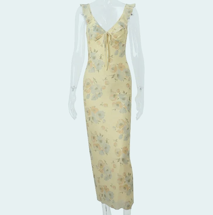 Cryptographic Summer Floral Plunge Maxi Dress Backless — close-up details