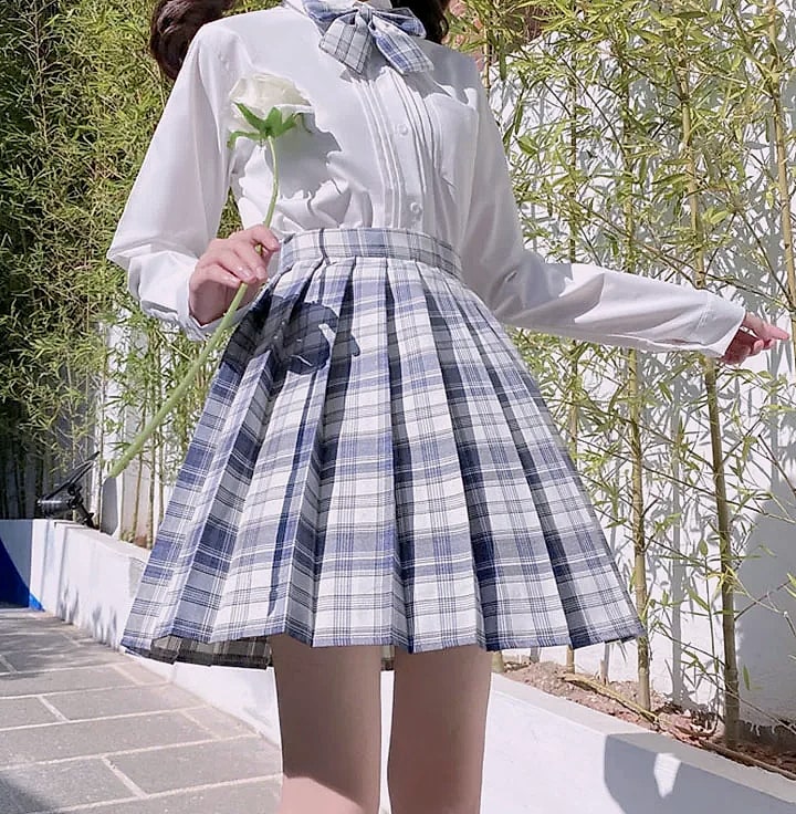 ZOKI Plaid Pleated Mini Skirt High Waist Bow Knot — assembled view