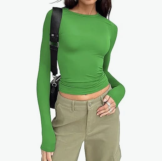 Women's Long Sleeve Crew Neck T-Shirt Slim Fit Solid Tee — close-up details