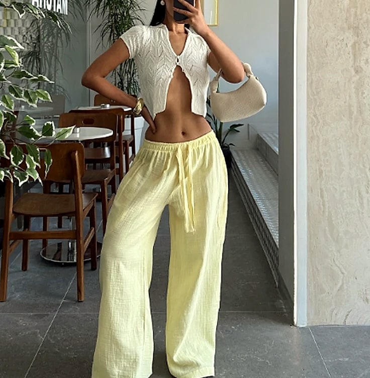 HXAO Women's Baggy Wide Linen Pants High Waist Casual — scale reference