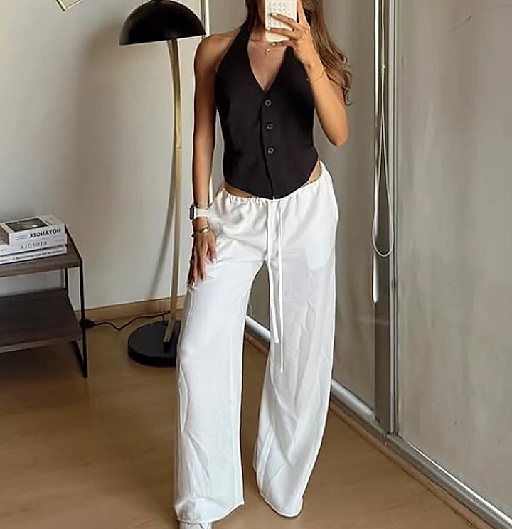 HXAO Women's Baggy Wide Linen Pants High Waist Casual — side view