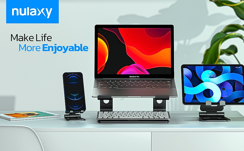 Nulaxy All-Aluminum Laptop Stand for Desk, Ergonomic — assembled view