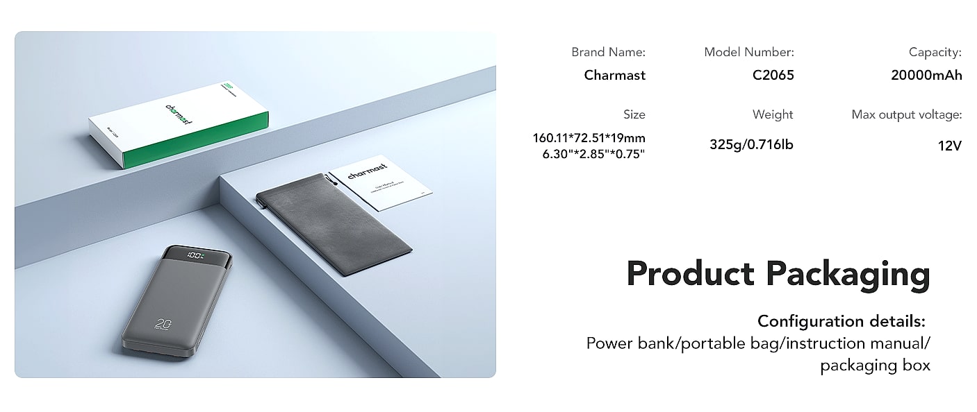 Charmast 20000mAh Portable Charger with Built-in Cables — size comparison