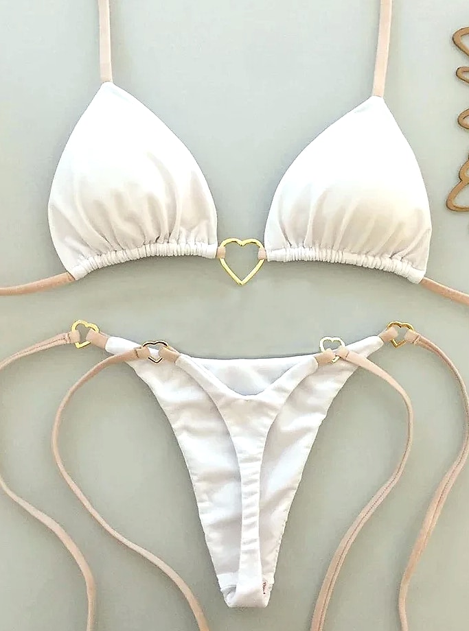 Women's White Solid Color Bikini Two-Piece Swimsuit — assembled view