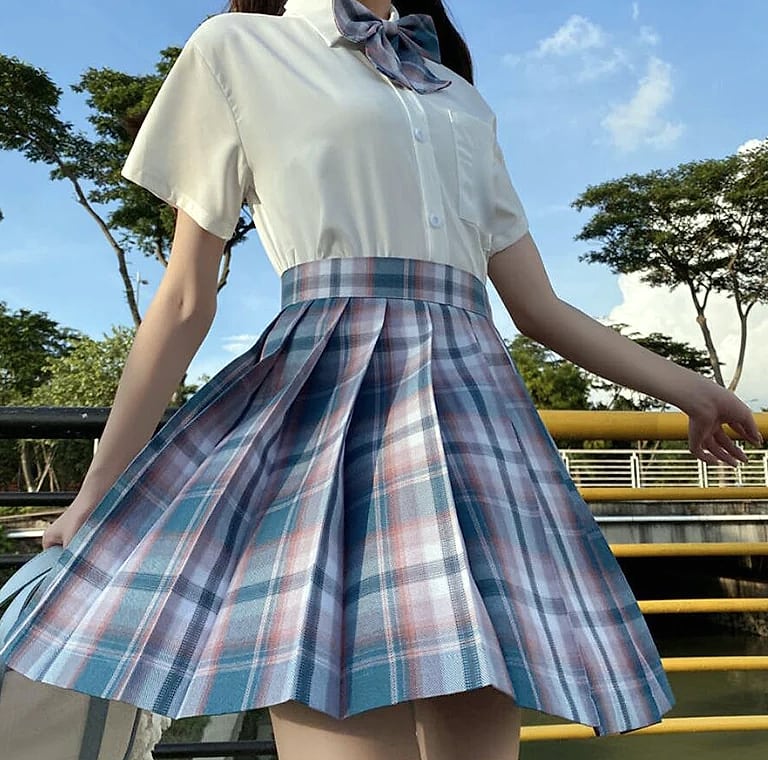 ZOKI Plaid Pleated Mini Skirt High Waist Bow Knot — side view