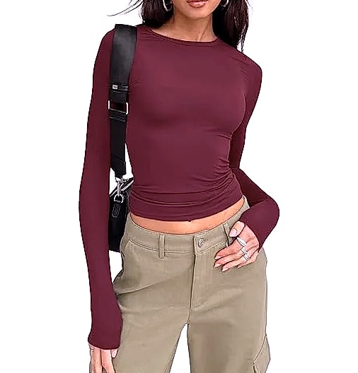 Women's Long Sleeve Crew Neck T-Shirt Slim Fit Solid Tee — scale reference
