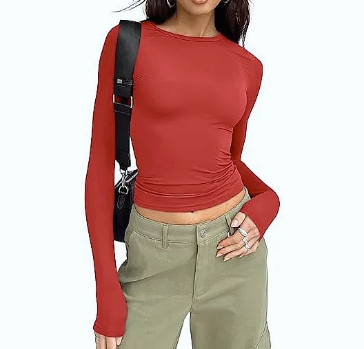 Women's Long Sleeve Crew Neck T-Shirt Slim Fit Solid Tee — scale reference
