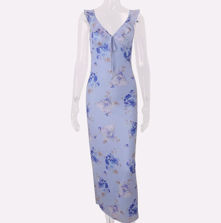 Cryptographic Summer Floral Plunge Maxi Dress Backless — interior detail