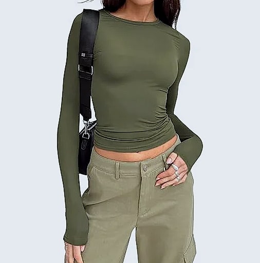 Women's Long Sleeve Crew Neck T-Shirt Slim Fit Solid Tee — parts overview
