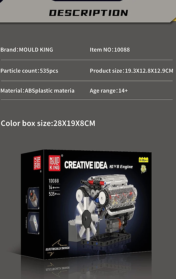 Mould King 10088 The V8 Engine Building Block Assembly — feature highlights