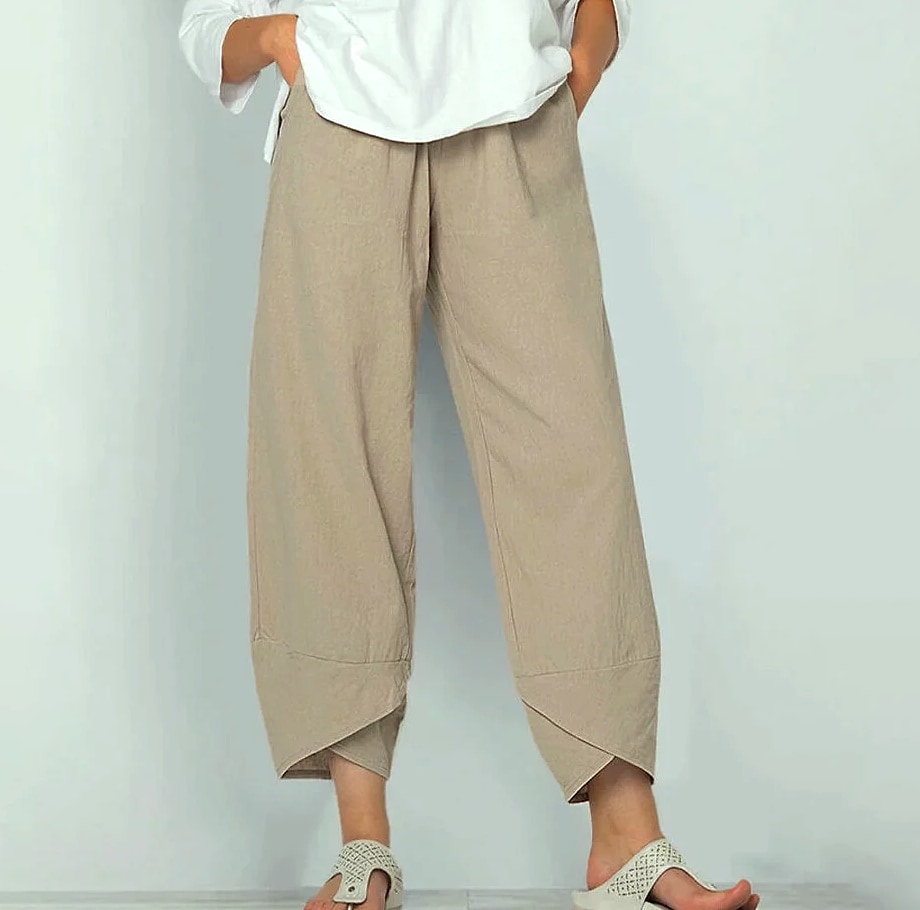 Women Cotton Linen Harem Pants Vintage Printed Wide Leg — assembled view