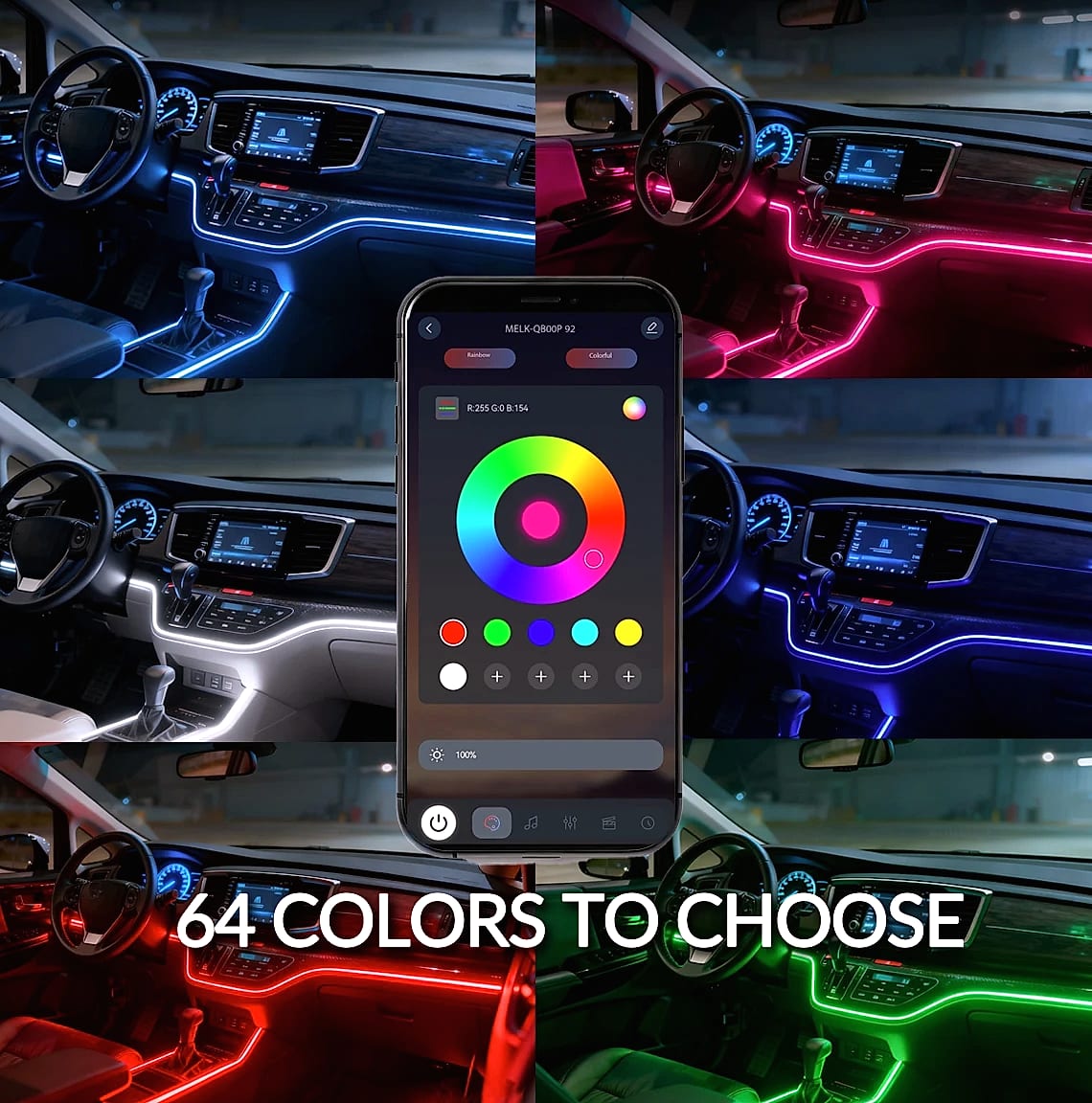 WUMFIRE RGB LED Car Ambient Light Strip Kit with App Control — interior detail