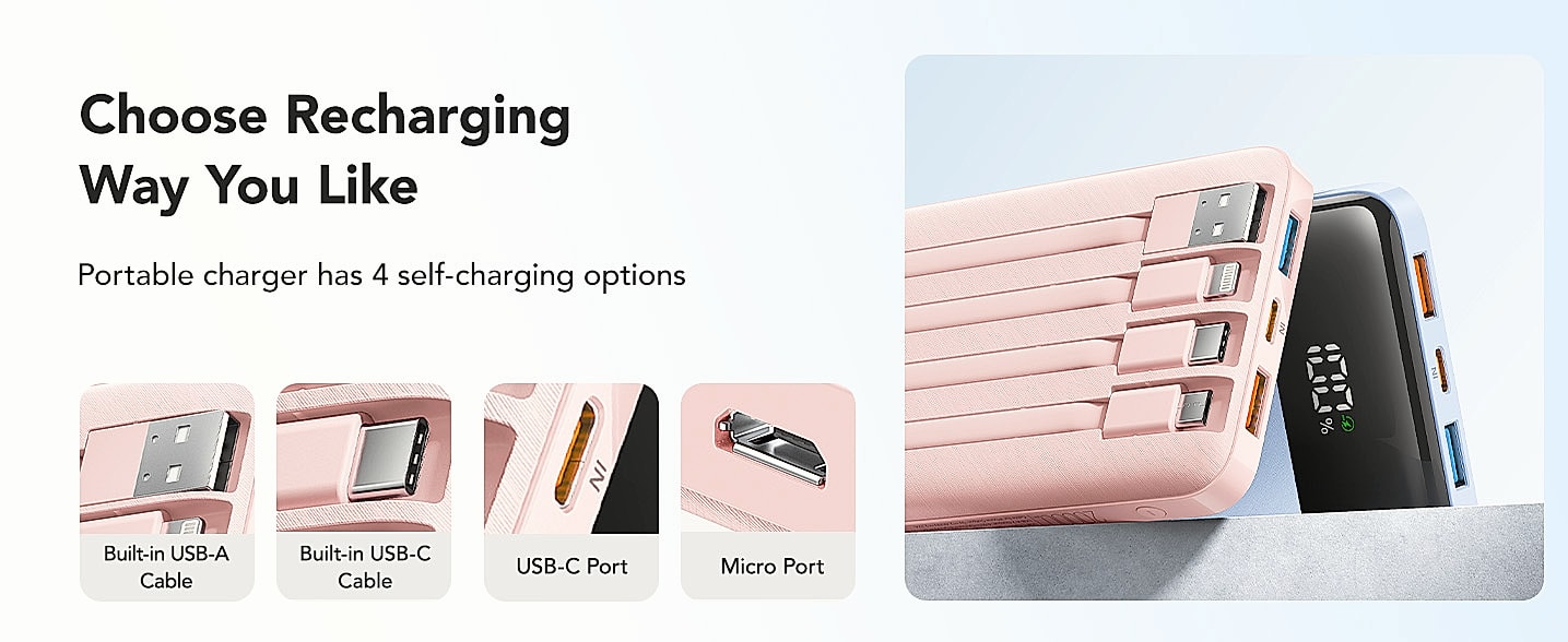Charmast 20000mAh Portable Charger with Built-in Cables — interior detail