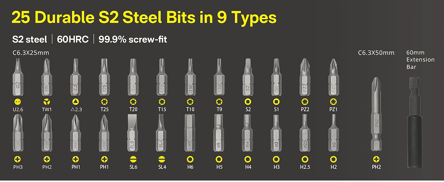 HOTO 25-Piece Electric Screwdriver Kit with LED Light — assembled view