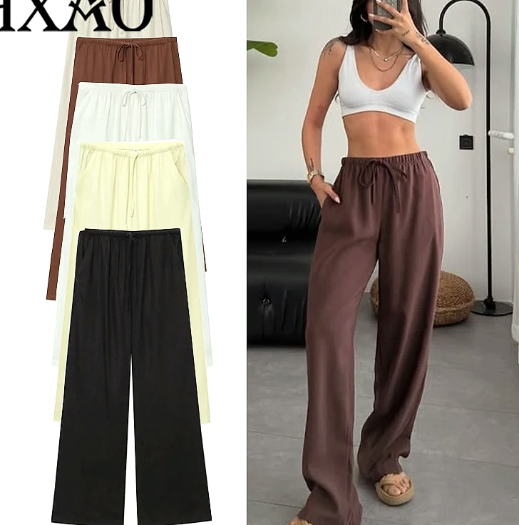 HXAO Women's Baggy Wide Linen Pants High Waist Casual — assembled view