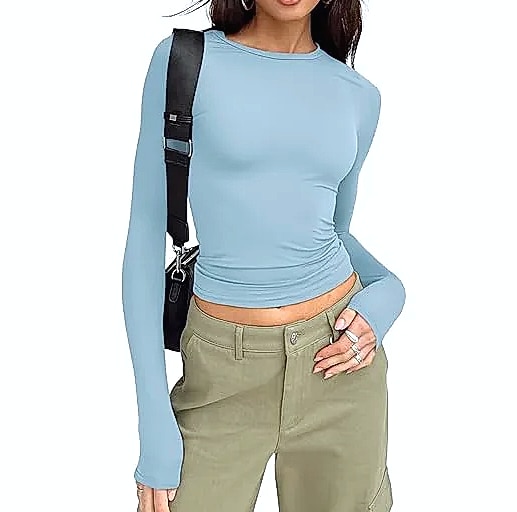 Women's Long Sleeve Crew Neck T-Shirt Slim Fit Solid Tee — feature highlights