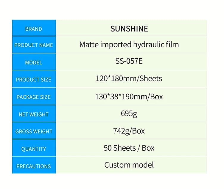 Sunshine SS-057 Hydrogel Screen Protector Film for Mobile — package contents