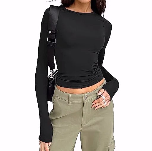 Women's Long Sleeve Crew Neck T-Shirt Slim Fit Solid Tee — parts overview