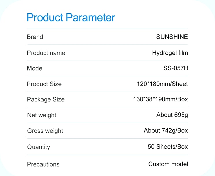 Sunshine SS-057 Hydrogel Screen Protector Film for Mobile — size comparison
