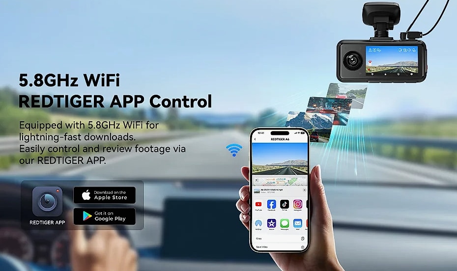 Redtiger A6 4K Dash Cam with GPS and 3-Camera System — side view