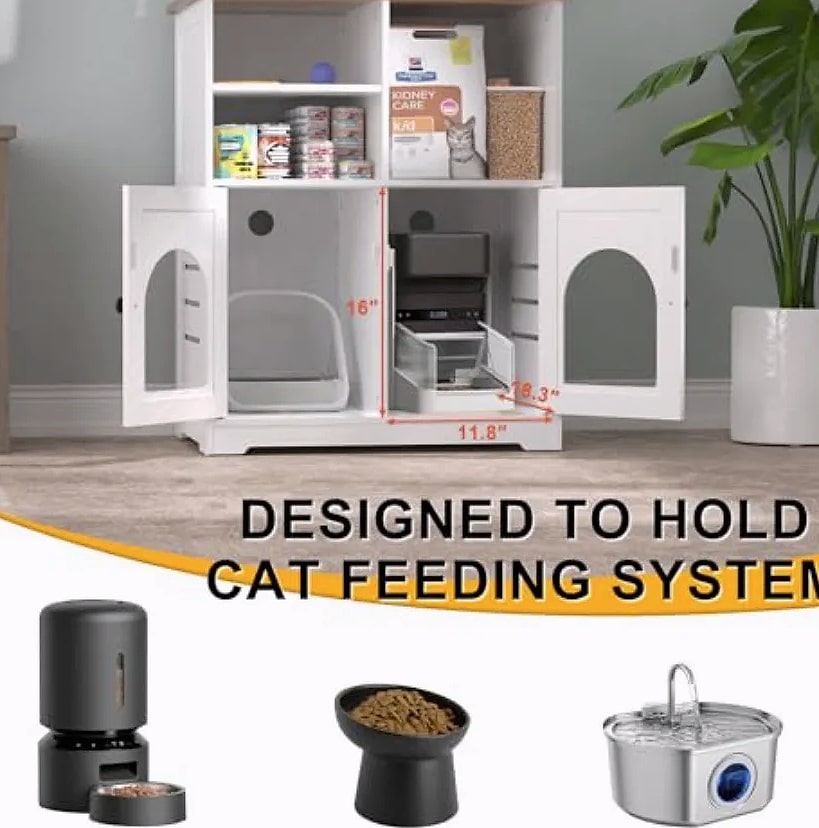 Cat Feeding Station Cabinet with Microchip Pet Feeder Access — scale reference
