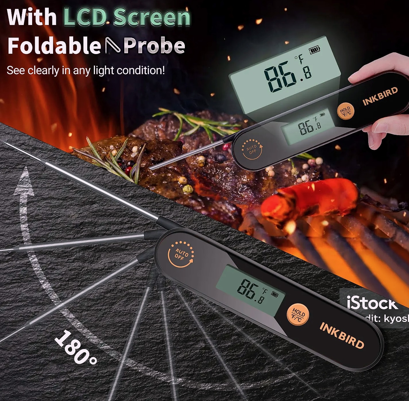 INKBIRD IHT-1X Meat Thermometer with Foldable Probes — scale reference