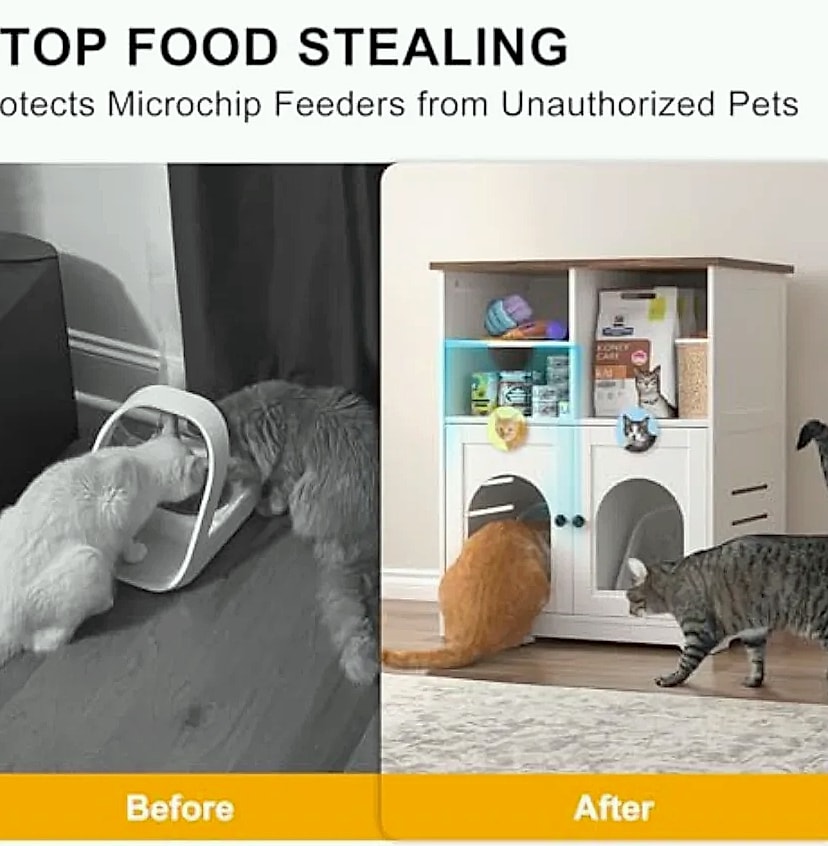Cat Feeding Station Cabinet with Microchip Pet Feeder Access — close-up details