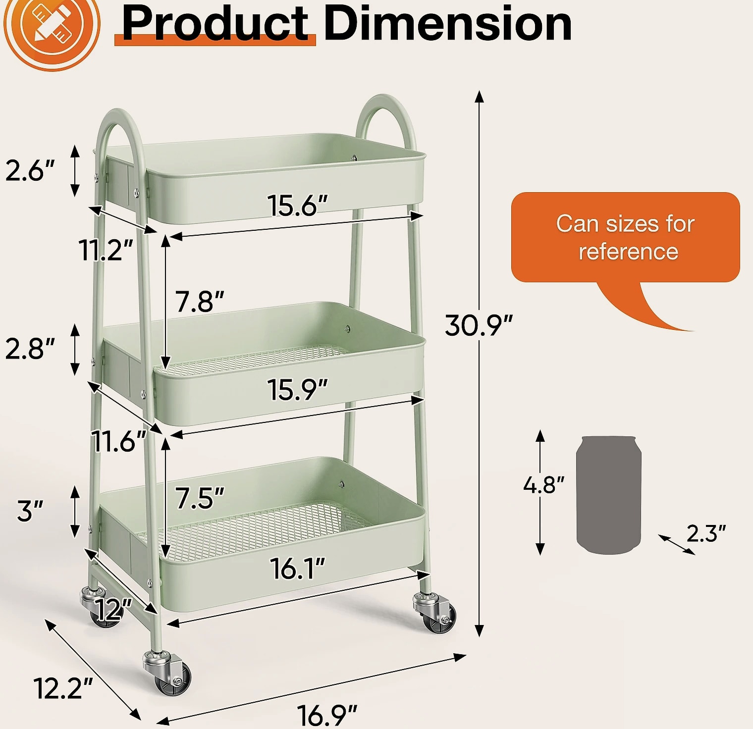 3-Tier Rolling Storage Cart Metal Kitchen Bathroom — package contents
